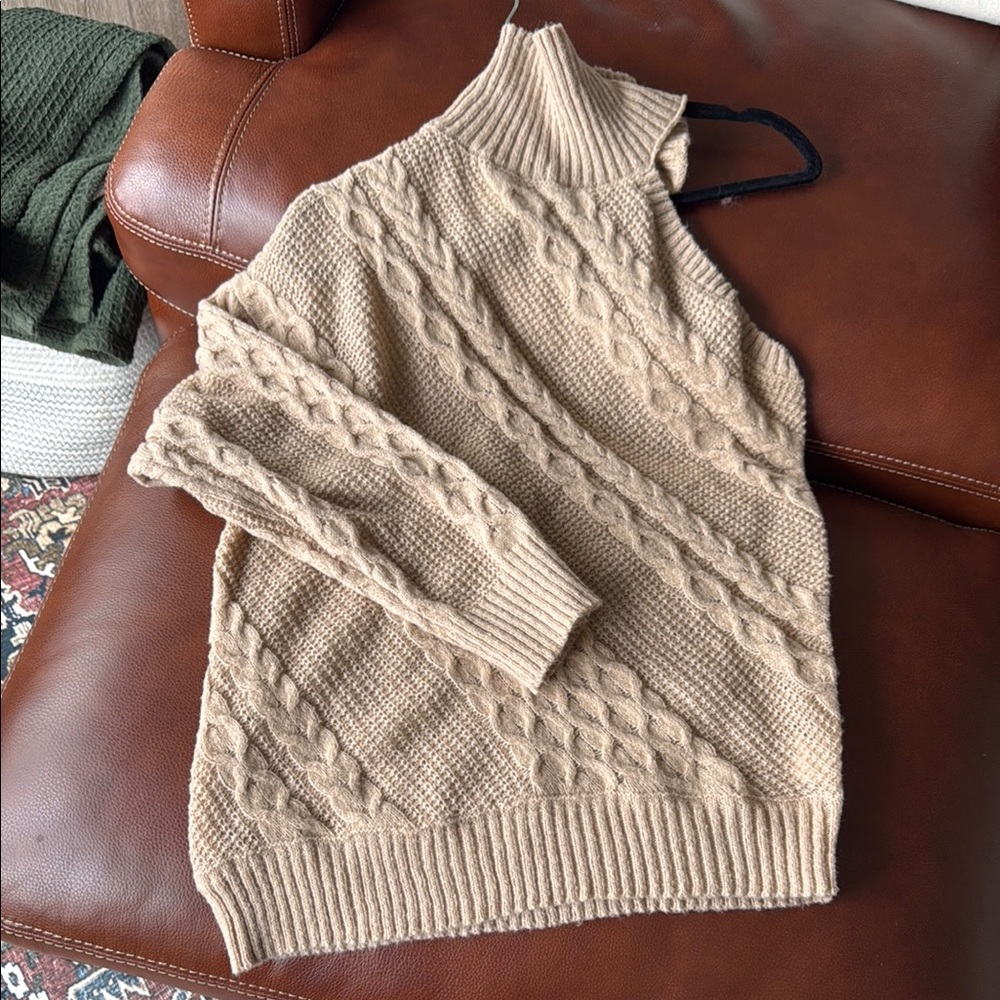 Line & Dot Tan Cowl Neck Cable Knit Sweater